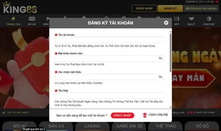 Hướng Dẫn Đăng Ký King88 Thần Tốc Nhận Ngay 88K Miễn Phí 2 Giao diện đăng ký King88