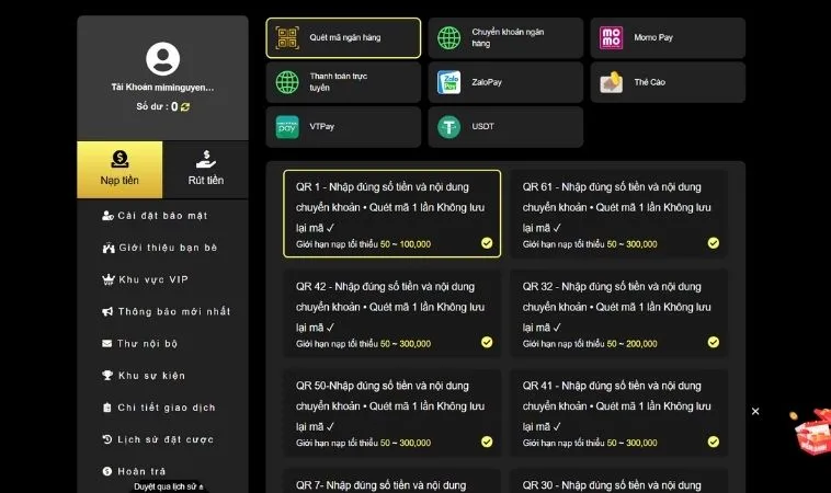 Các phương thức nạp tiền King88