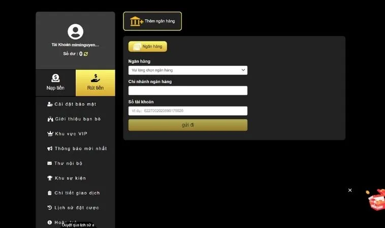 Giao diện rút tiền King88