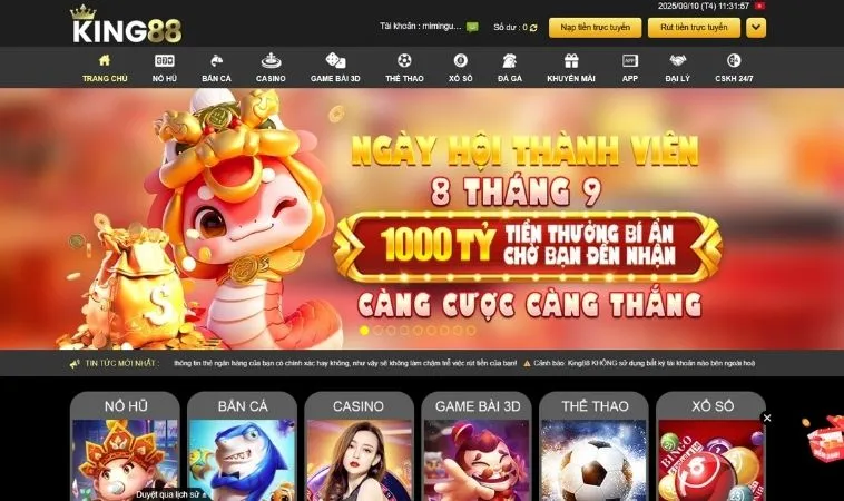 Giao diện trang chủ nhà cái King88